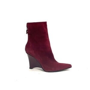 Vintage 1990s burgundy suede pointed toe zip up wedge heel ankle boots
